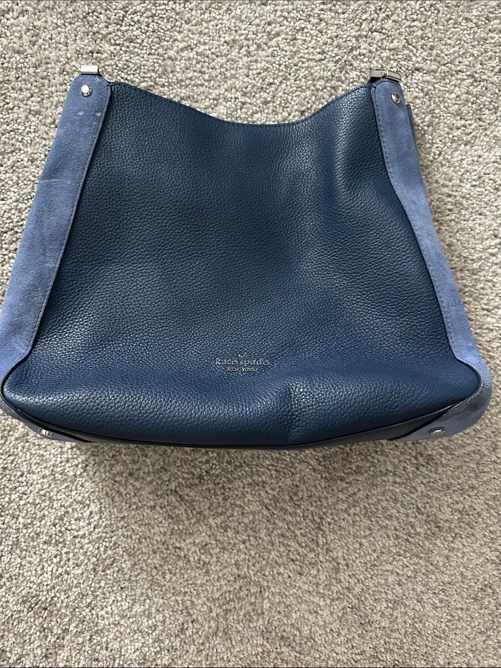 kate spade pebbled leather shoulder bag in navy with blue suede trim
